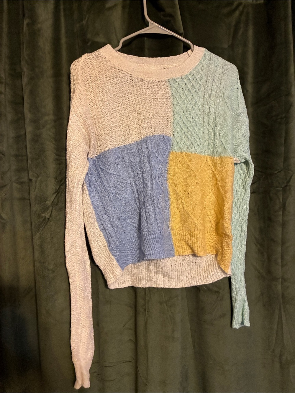 mine Pastel Colorblock Cable Knit Sweater - Blue, Yellow & Mint